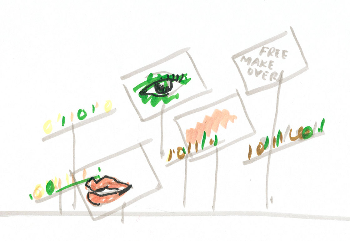 A felt pen drawing of the illustrated face being split up across 3 screens