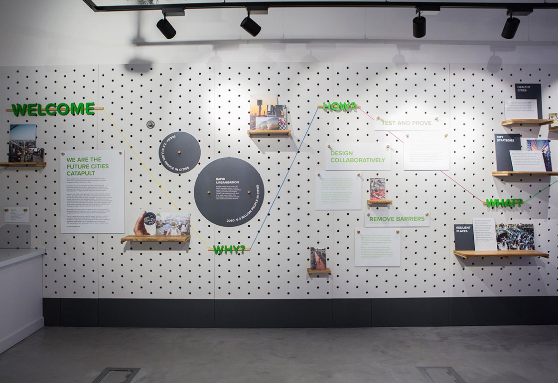 Pegboard wall with graphic panels